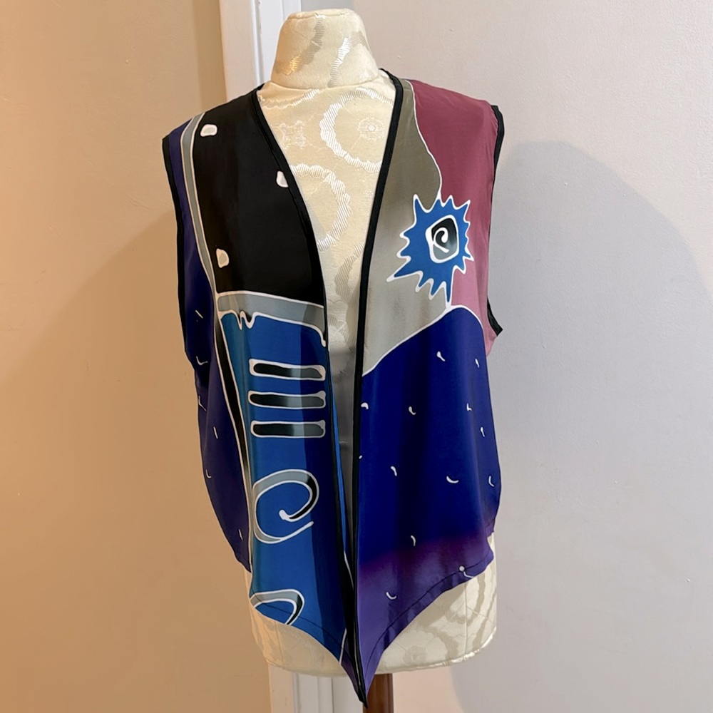 Shekina SILK Handpainted Abstract Bohemian Multi Colored Open Front Vest M